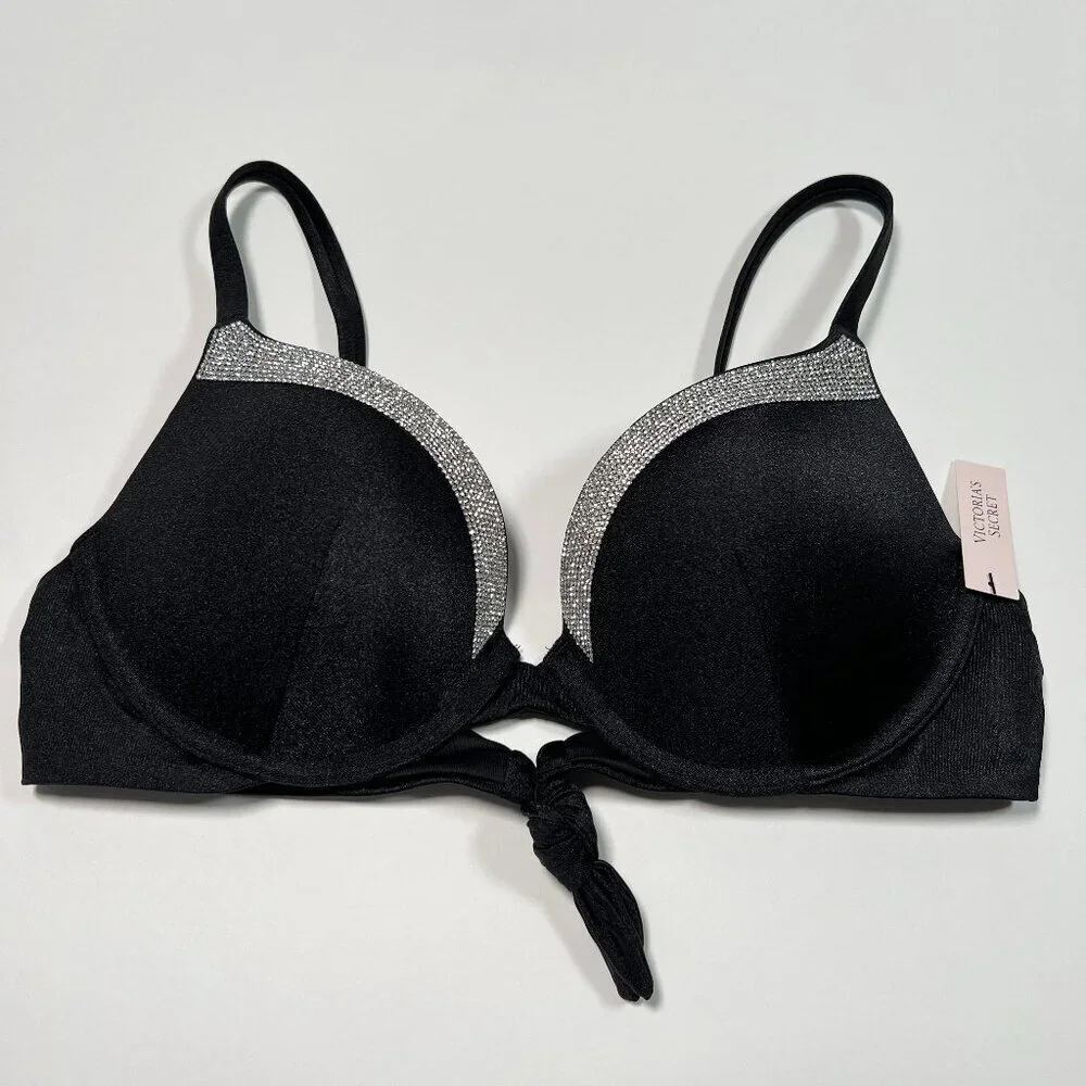 Victoria Secret 34A VERY SEXY Push Up Bikini Top Shine Trim Back Tie Black - Picture 2 of 5